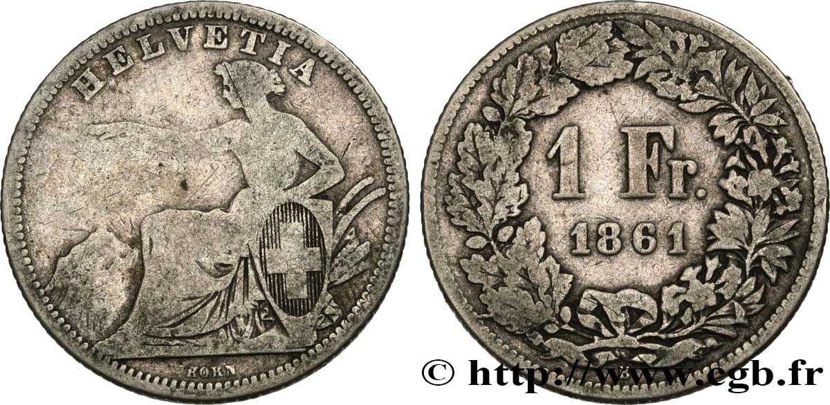 SWITZERLAND 1 Franc Helvetia assise 1861 Berne VF 