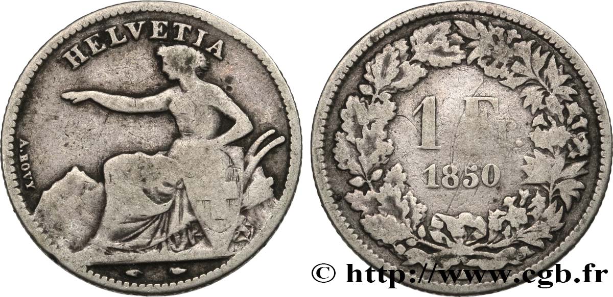 SWITZERLAND - HELVETIC CONFEDERATION 1 Franc Helvetia assise 1850 Paris F 