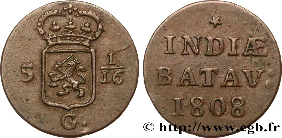 INDES NEERLANDAISES 5 1/16 Gulden (1 Duit) écu couronné des Pays-Bas 1808 Enkhuizen TTB 