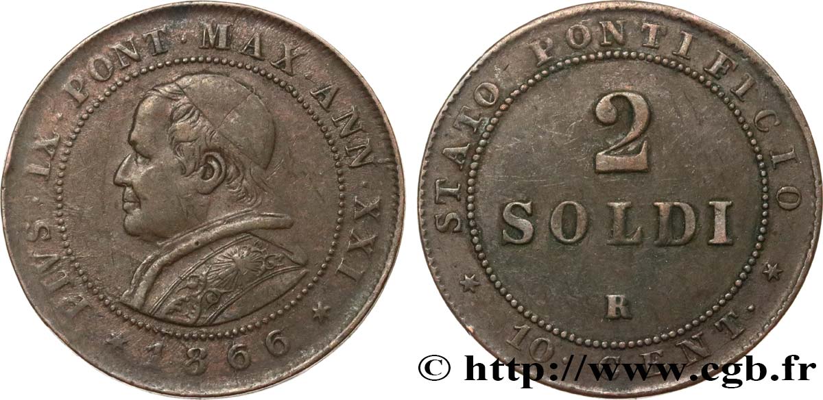 ITALY - PAPAL STATES - PIUS IX (Giovanni Maria Mastai Ferretti) 2 Soldi an XXI 1866 Rome VF 