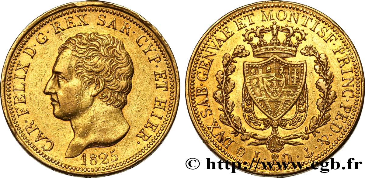 ITALIE - ROYAUME DE SARDAIGNE 80 Lire Charles-Félix 1825 Gênes TTB+ 