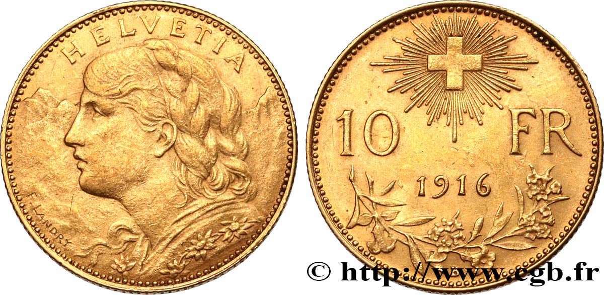 SUIZA 10 Francs or  Vreneli” 1916 Berne MBC+ 