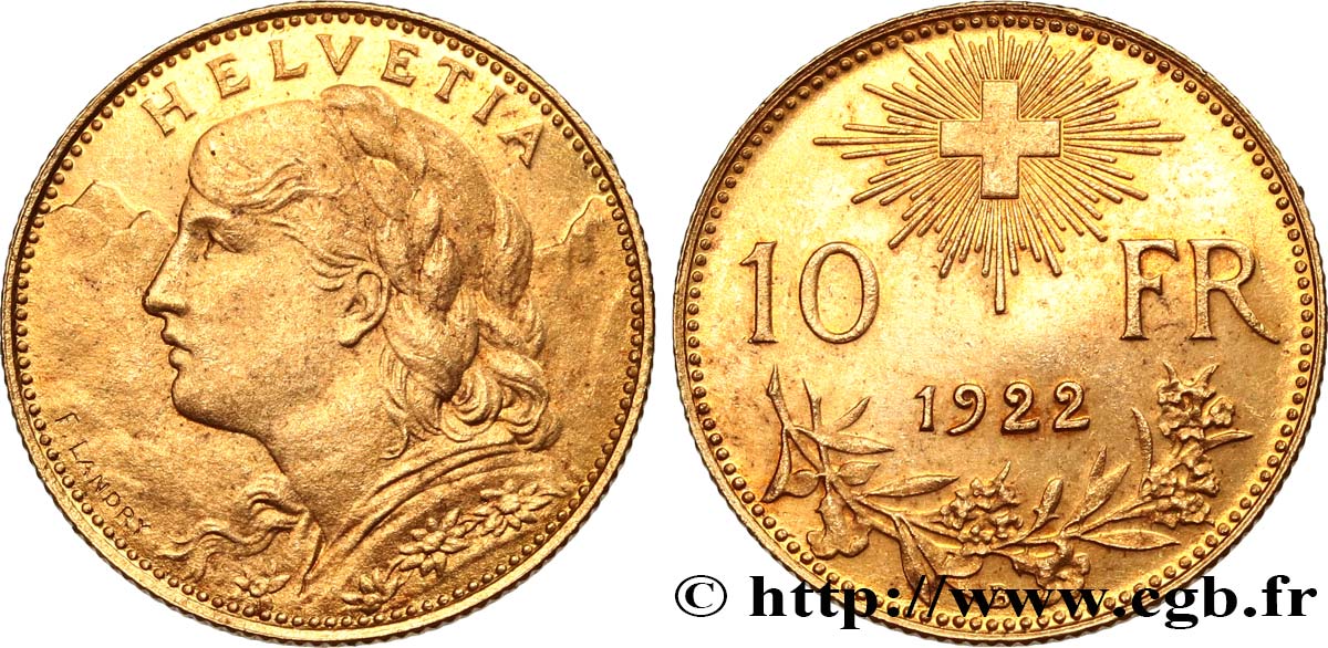 SWITZERLAND 10 Francs  Vreneli  1922 Berne AU 