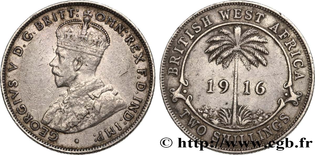 BRITISH WEST AFRICA 2 Shillings Georges V 1916 Heaton XF 