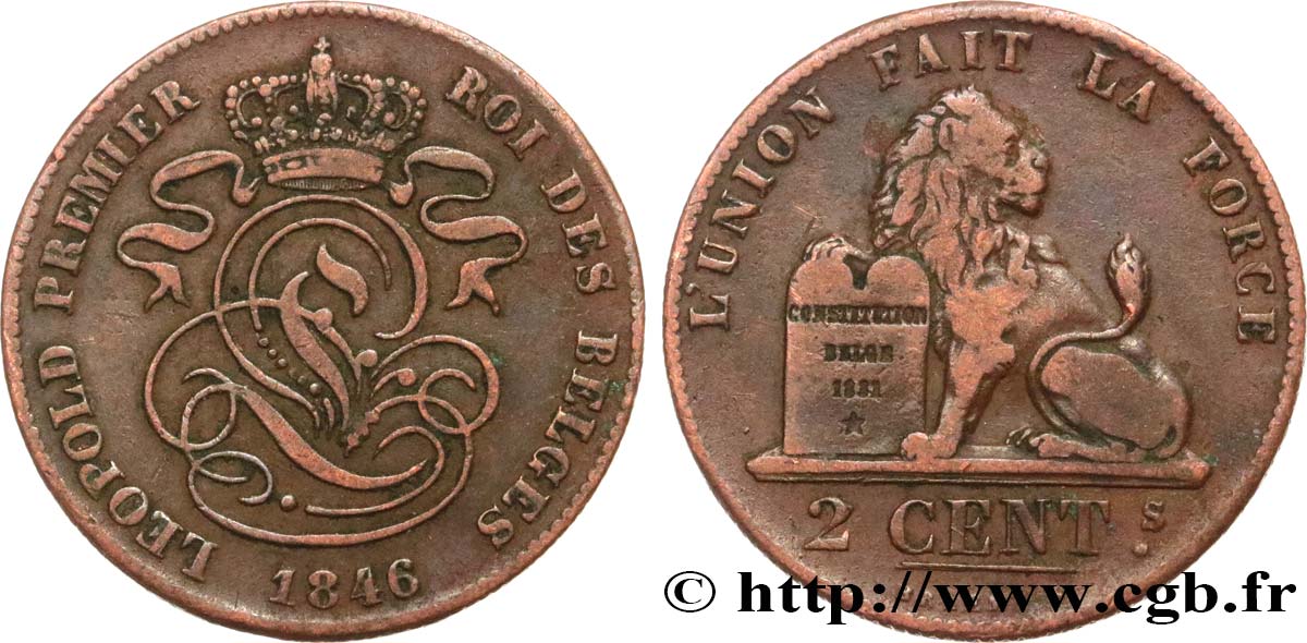 BELGIQUE 2 Centimes lion monogramme de Léopold Ier 1846  TTB 