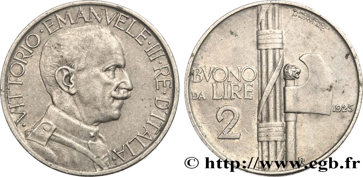 ITALY Bon pour 2 Lire (Buono da Lire 2) Victor Emmanuel III / faisceau de licteur 1925 Rome - R XF 