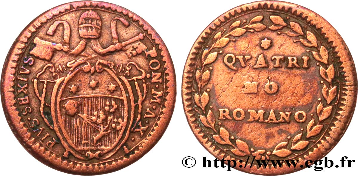 VATIKANSTAAT UND KIRCHENSTAAT 1 Quattrino frappe au nom de Pie VII an X (1785) Rome fSS 