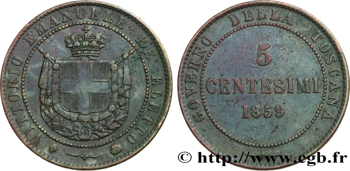 ITALY - TUSCANY 5 Centesimi Victor Emmanuel - Gouvernement de la Toscane 1859 Birmingham VF 