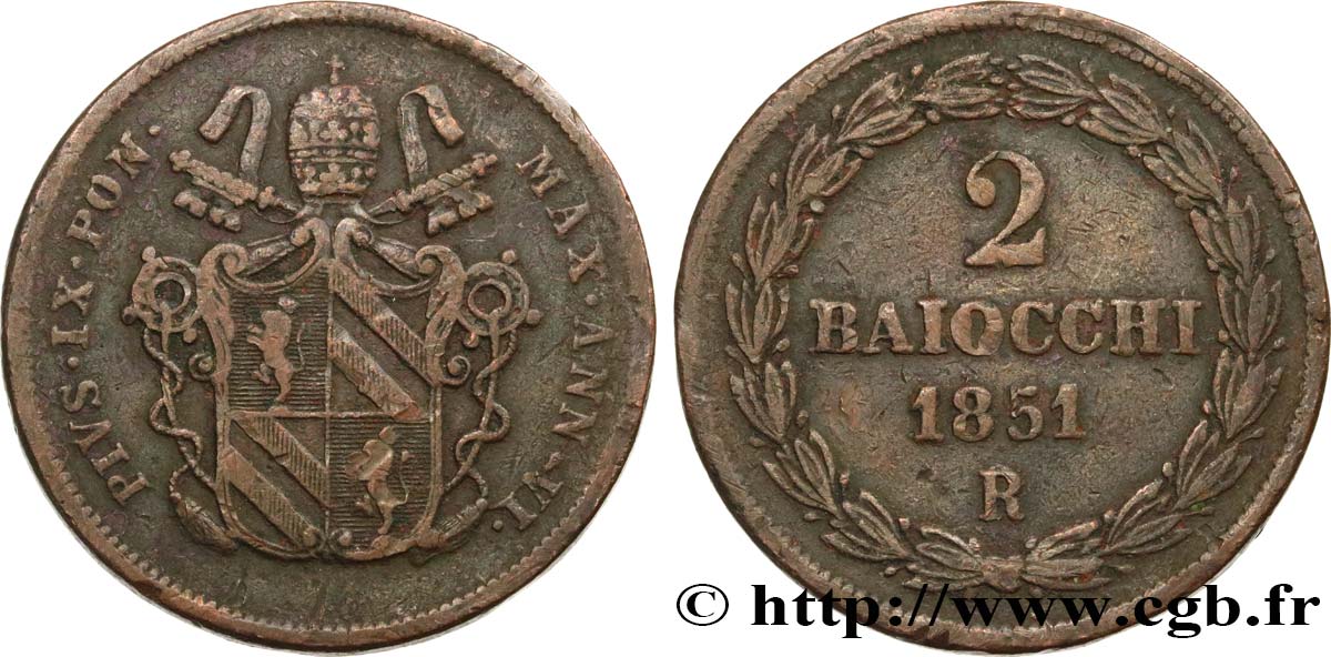 VATICAN AND PAPAL STATES 2 Baiocchi Pie IX an VI 1851 Rome VF 