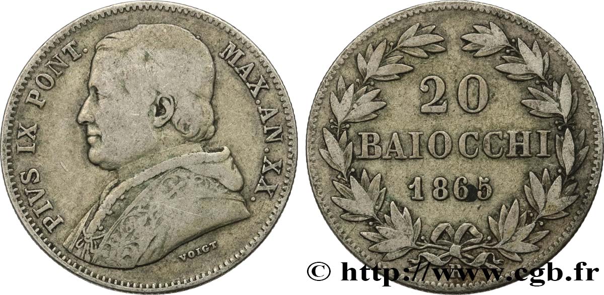 VATICANO E STATO PONTIFICIO 20 Baiocchi Pie IX an XX 1865 Rome q.BB 