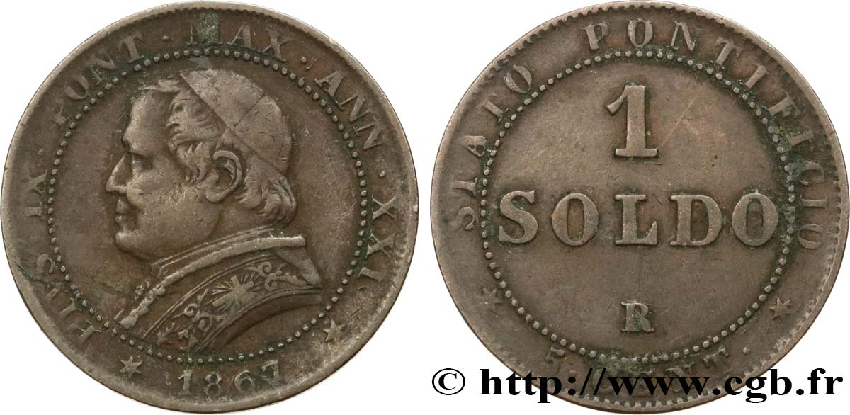 VATICAN ET ÉTATS PONTIFICAUX 1 Soldo an XXI buste large 1867 Rome TB+ 
