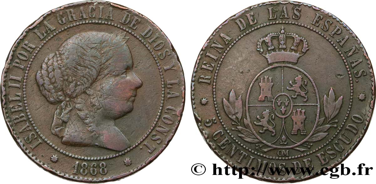SPAIN 5 Centimos de Escudo Isabelle II  1868 Oeschger Mesdach & CO VF 