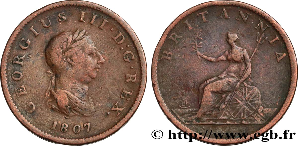REINO UNIDO 1/2 Penny Georges III tête laurée 1807  BC+ 