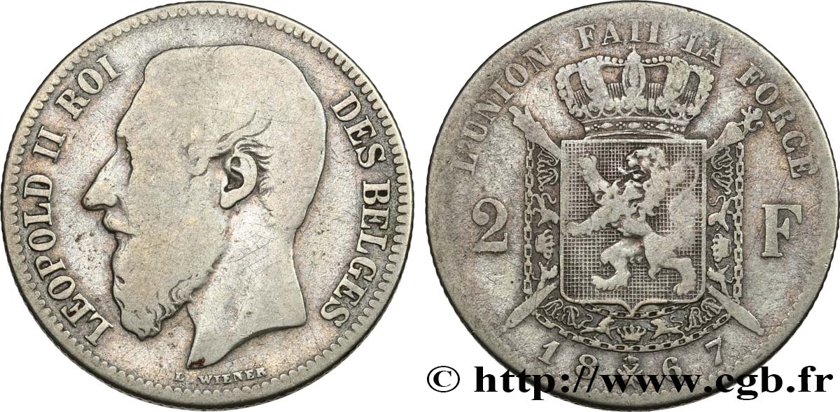 BELGIEN 2 Francs Léopold II légende française 1867  S 