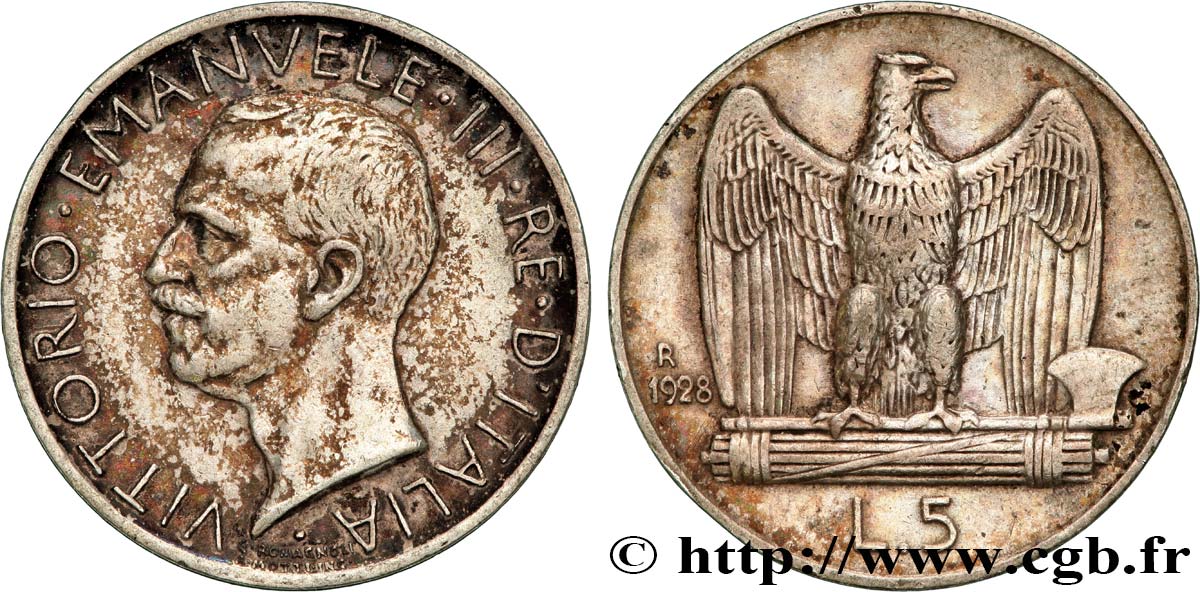 ITALIA 5 Lire Victor Emmanuel III 1928 Rome  BC+ 