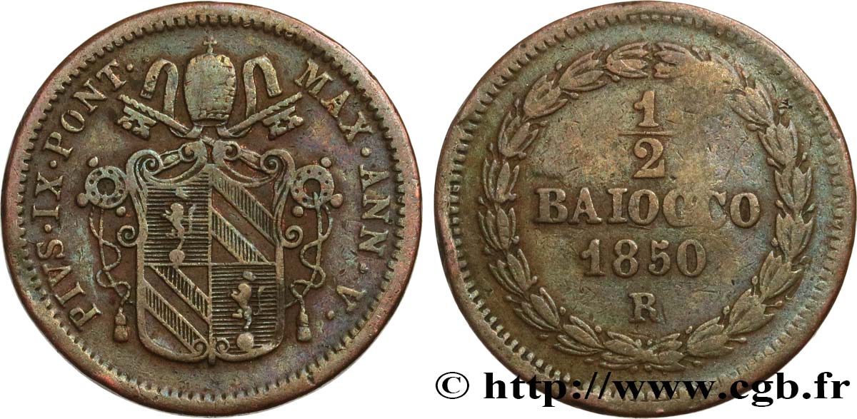 VATICAN ET ÉTATS PONTIFICAUX 1/2 Baiocco Pie IX an V 1850 Rome TB+ 