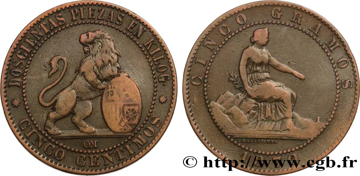 SPAIN 5 Centimos “ESPAÑA” 1870 Oeschger Mesdach & CO VF 