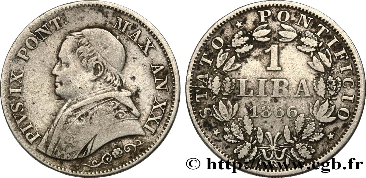 VATICAN AND PAPAL STATES 1 Lira Pie IX type petit buste an XXI 1866 Rome VF 