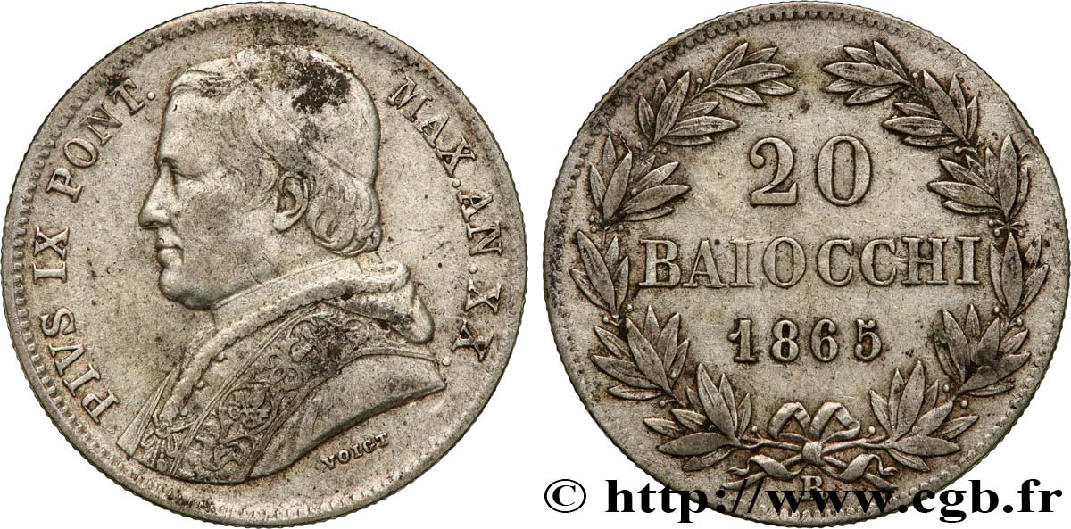 VATICAN ET ÉTATS PONTIFICAUX 20 Baiocchi Pie IX an XX 1865 Rome TB+ 