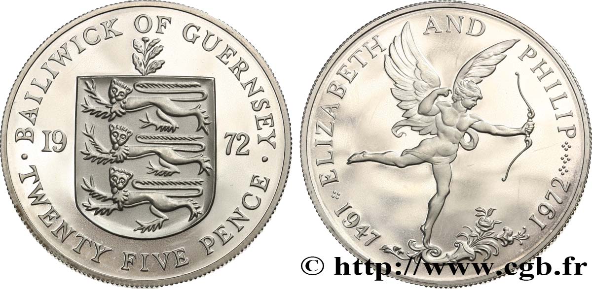 GUERNSEY 25 Pence Proof 25 ans de mariage Elisabeth II et Philip 1972  SC 