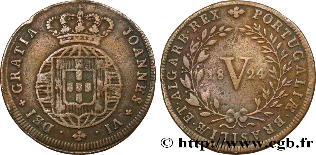 PORTUGAL 5 Reis Jean VI 1824 Rio de Janeiro VF 