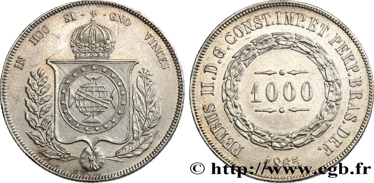 BRÉSIL 1000 Reis Empereur Pierre II 1865  SUP 