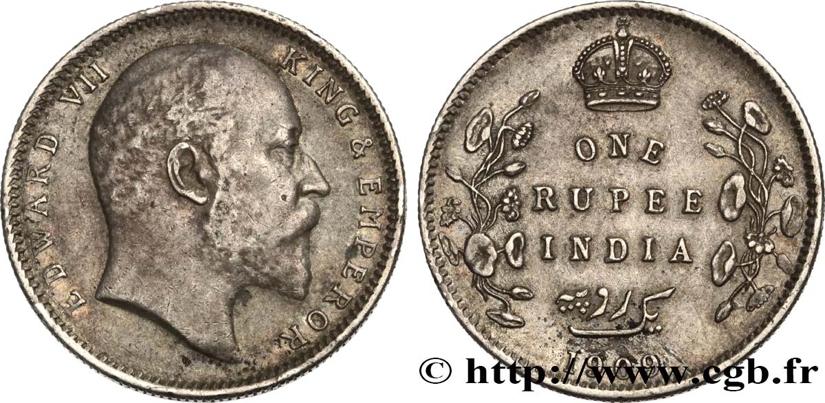 INDES BRITANNIQUES 1 Rupee (Roupie) Edouard VII 1909 Calcutta TTB/TTB+ 