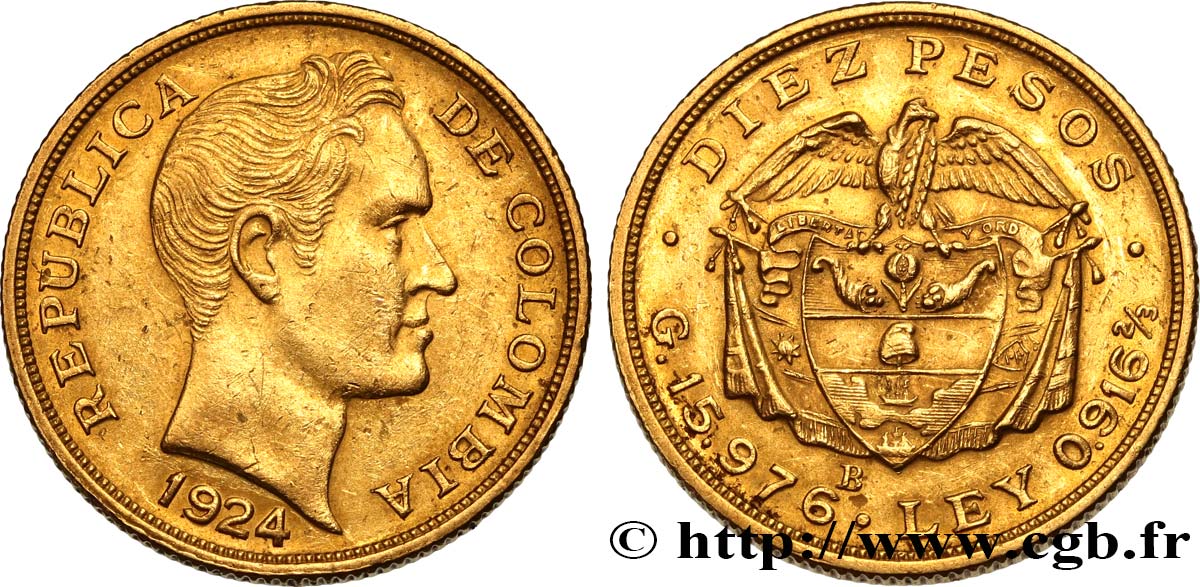 KOLUMBIEN 10 Pesos Simon Bolivar 1924 Bogota VZ 