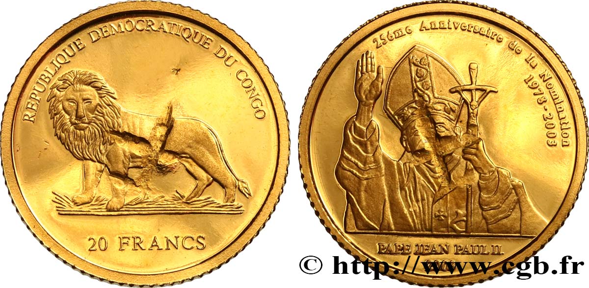 REPúBLICA DEMOCRáTICA DEL CONGO 20 Francs Jean-Paul II Proof 2003  SC 