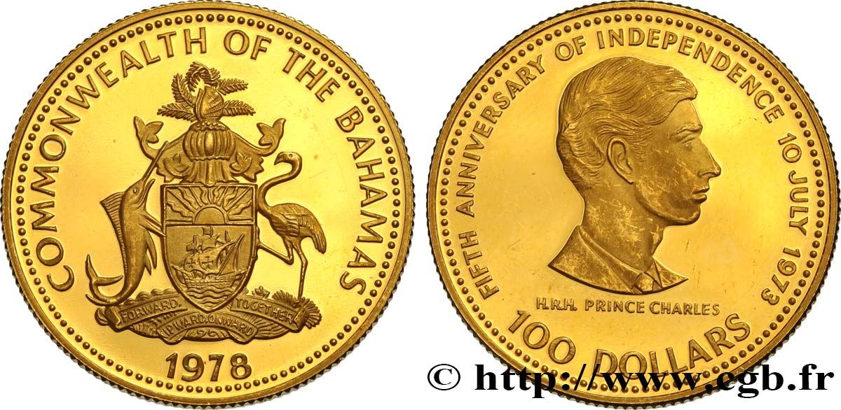 BAHAMAS 100 Dollars Proof Prince Charles 1978  fST 