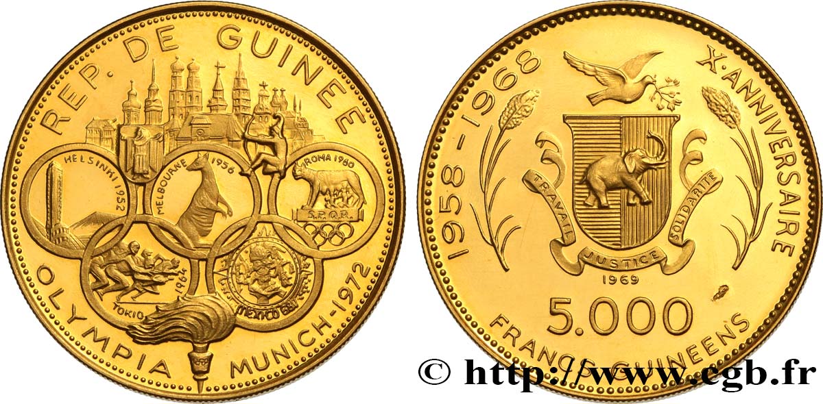 GUINEA 5000 Francs Proof J.O. de Munich 1969  fST 