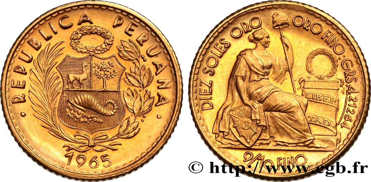 PERU 10 Soles de Oro 1965 Lima MS 