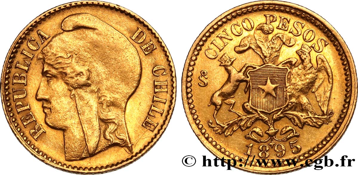CHILI - RÉPUBLIQUE 5 Pesos or 1895 Santiago MBC+ 
