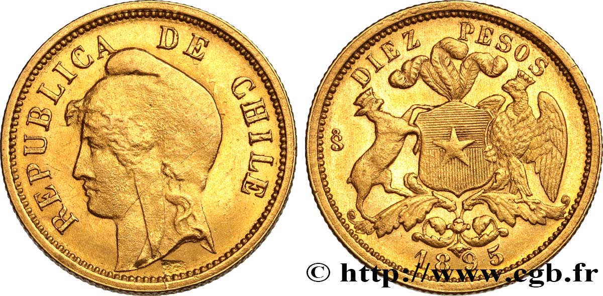CHILI - RÉPUBLIQUE 10 Pesos or 1895 Santiago EBC 