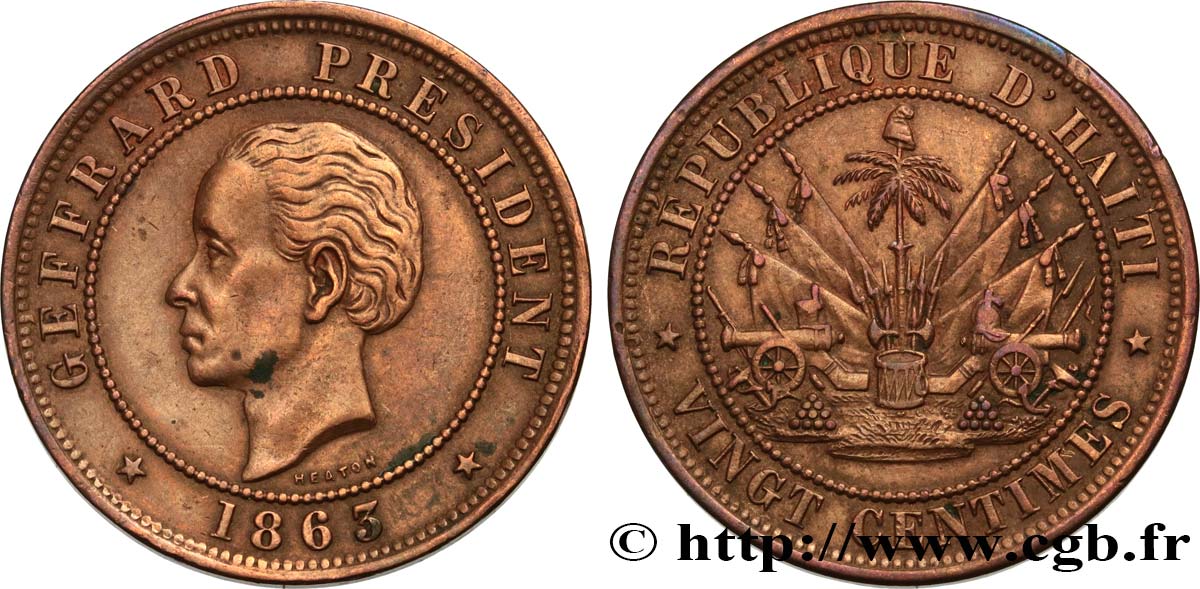 HAÏTI 20 Centimes président Geffrard 1863 Heaton TTB 