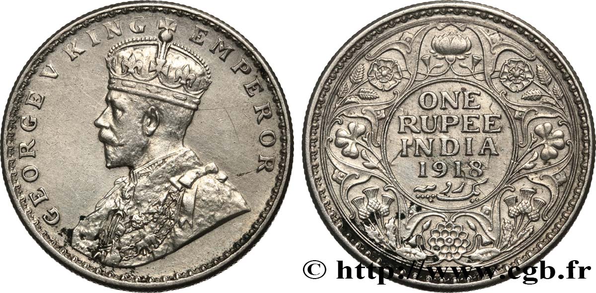 INDES BRITANNIQUES 1 Roupie Georges V 1918 Calcutta TTB+ 