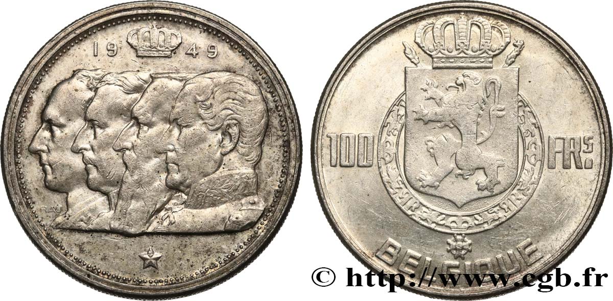 BELGIQUE 100 Francs bustes des quatre rois de Belgique, légende française 1949  TTB+ 