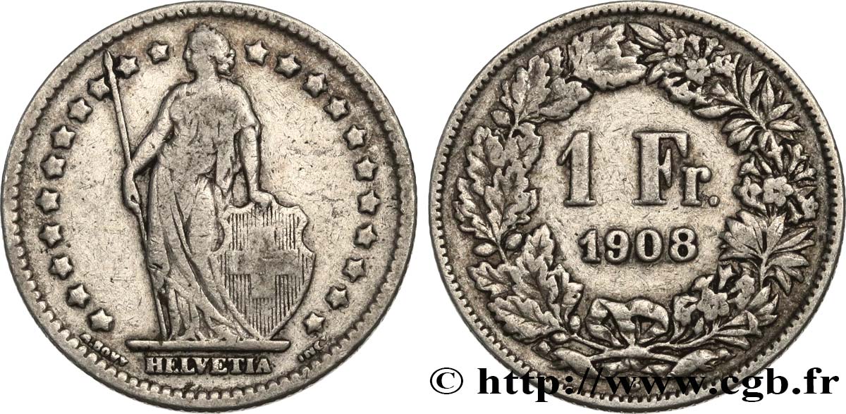SUISSE 1 Franc Helvetia 1908 Berne TB+ 