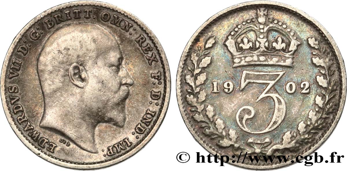 UNITED KINGDOM 3 Pence Edouard VII 1902  XF 