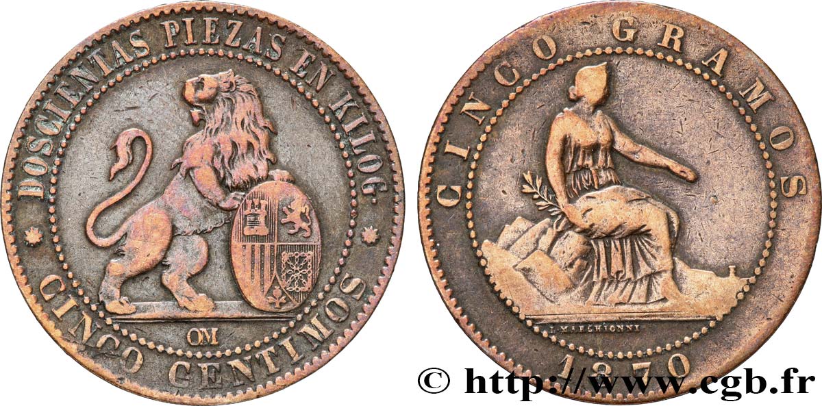 ESPAÑA 5 Centimos “ESPAÑA” 1870 Oeschger Mesdach & CO BC+ 
