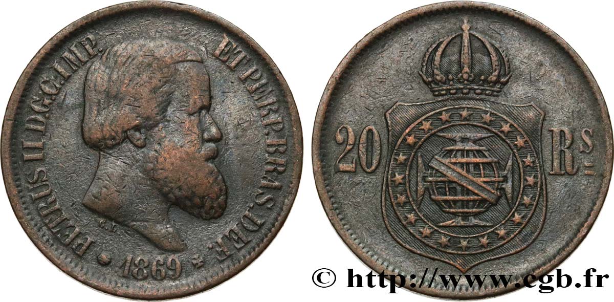 BRAZIL 20 Réis Pierre II 1869  VF 