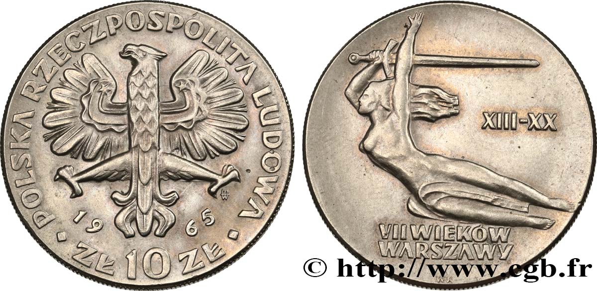POLAND 10 Zlotych 700e anniversaire de Varsovie, Niké brandissant une épée 1965 Varsovie MS 