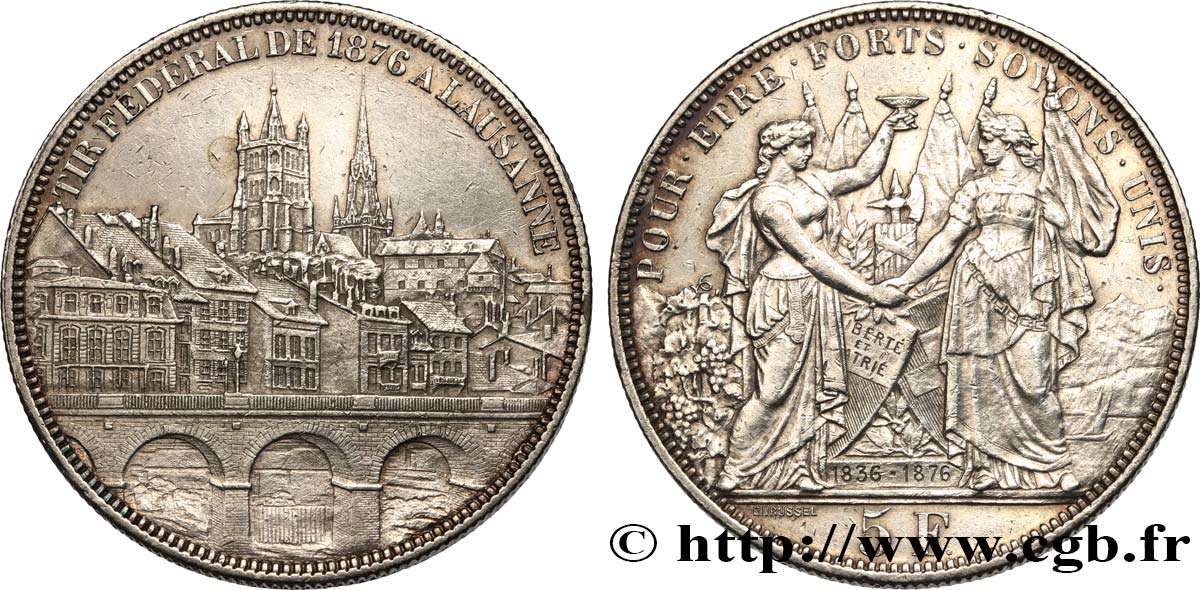 SVIZZERA  5 Francs, monnaie de Tir, Lausanne 1876  q.SPL 