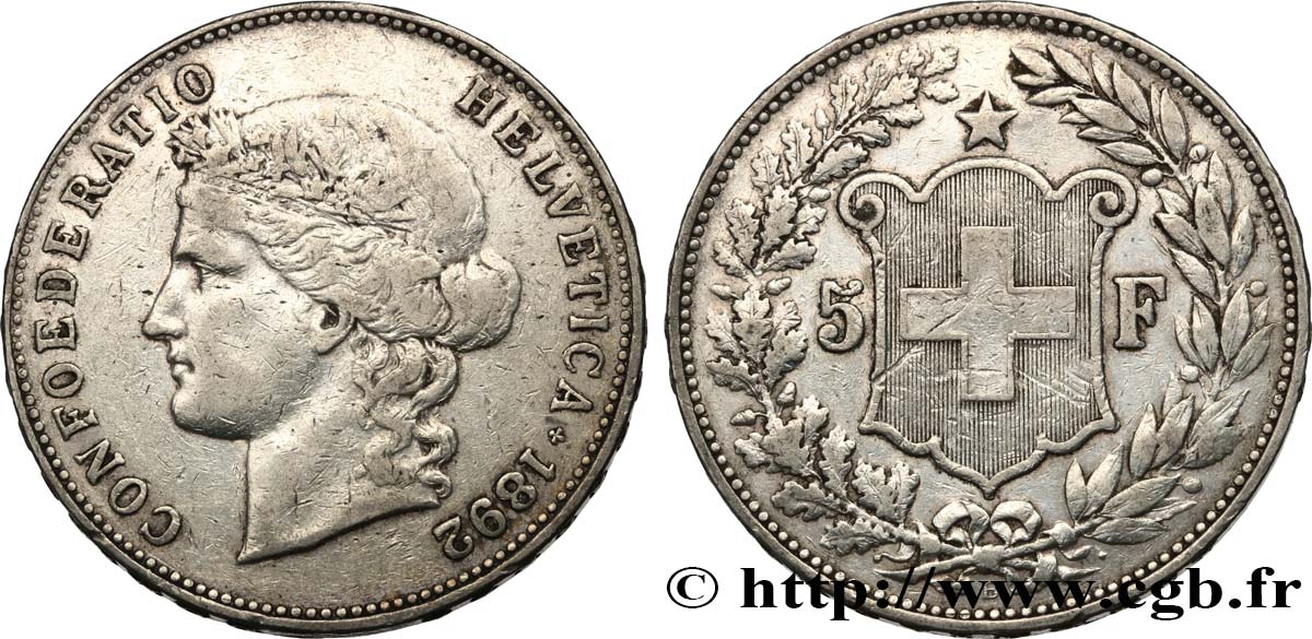 SWITZERLAND 5 Francs Helvetia 1892 Berne VF 