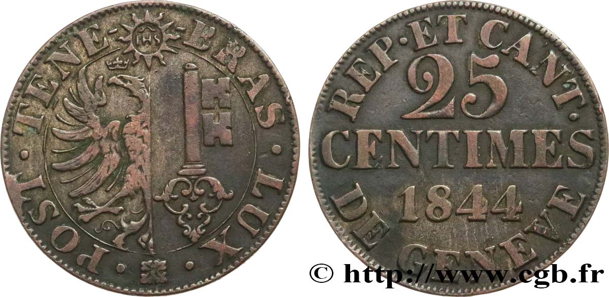 SUISSE - RÉPUBLIQUE DE GENÈVE 25 Centimes - Canton de Genève 1844  TTB 