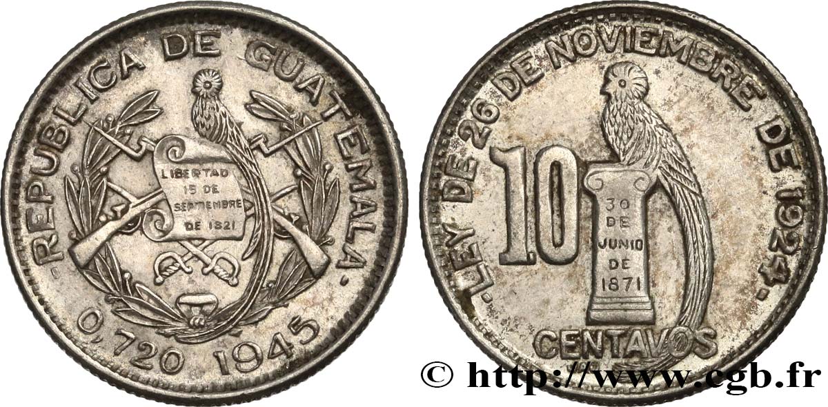 GUATEMALA 10 Centavos 1945  TTB+ 