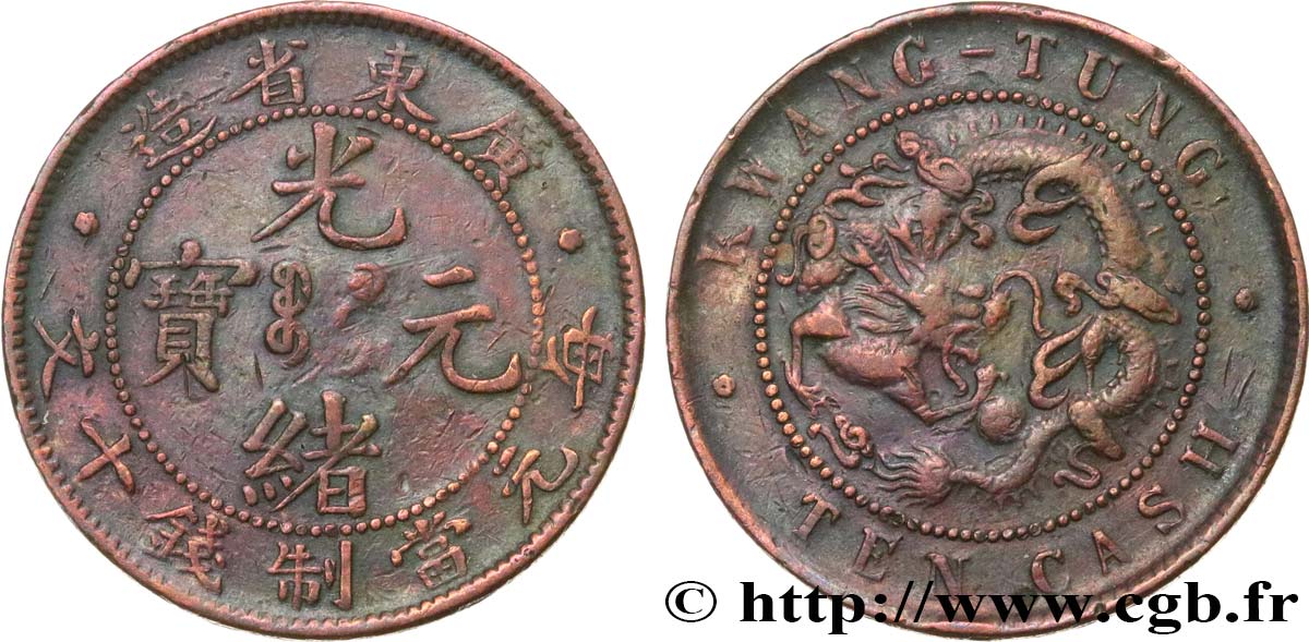 REPUBBLICA POPOLARE CINESE 10 Cash province de Kwangtung empereur Kuang Hsü, dragon 1900-1906  BB 