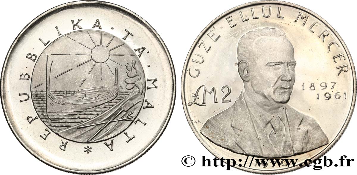 MALTE 2 Pounds (Livres) Guze Ellul Mercer 1976  SUP 