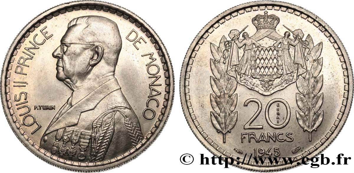 MONACO Essai de 20 Francs Turin Louis II 1945 Paris SC 