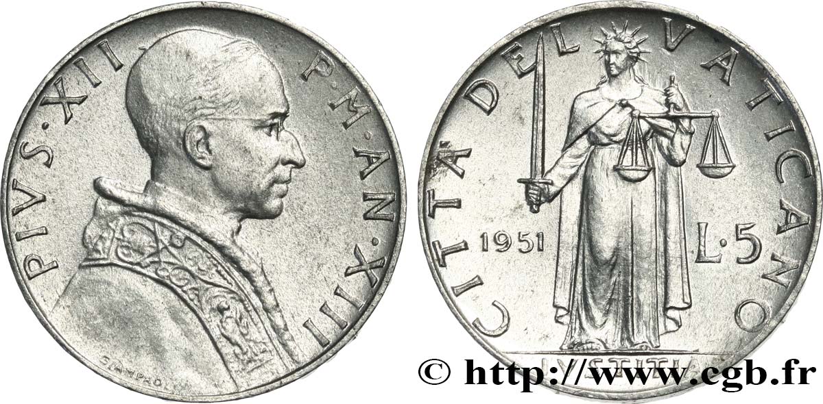 VATICAN AND PAPAL STATES 5 Lire Pie XII an XIII 1951 Rome - R AU 